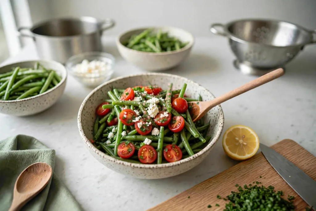 Finished green bean salad with tomatoes and feta in a stoneware bowl