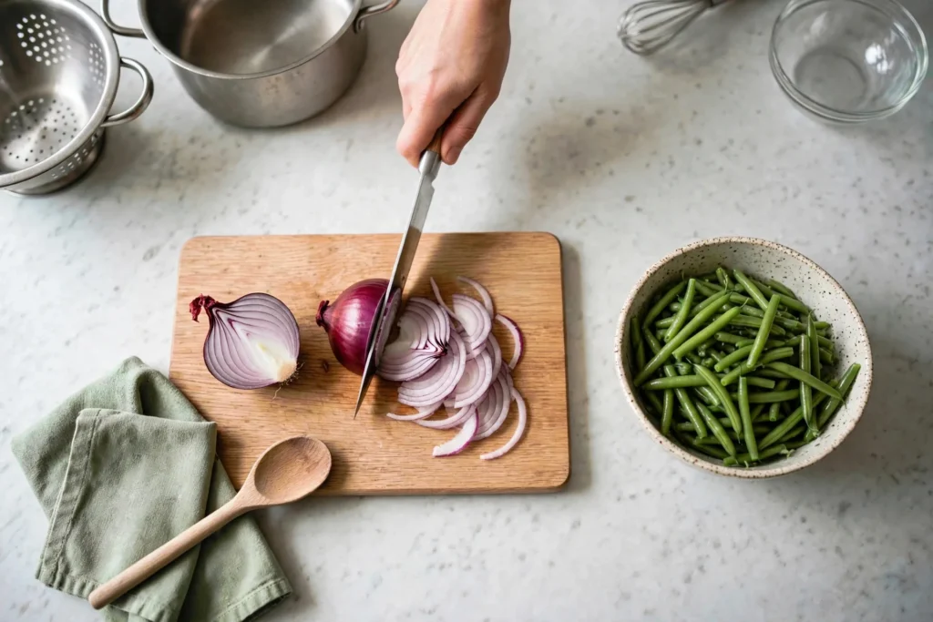 Slicing red onion into thin half-moons