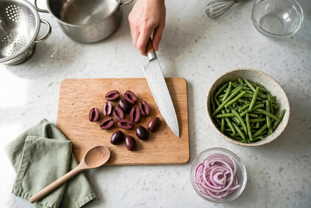 Halved kalamata olives on a cutting board