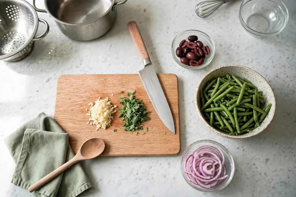 Minced garlic and fresh oregano leaves on a cutting board