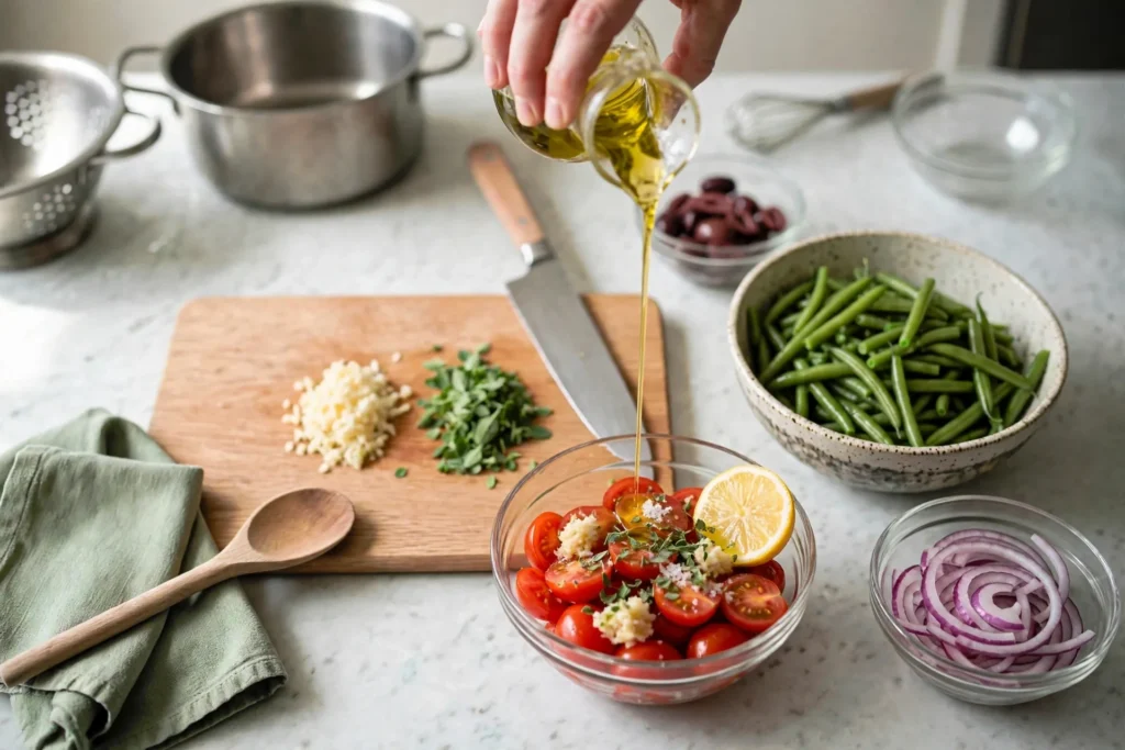 Seasoning halved tomatoes with garlic, oregano, lemon and olive oil
