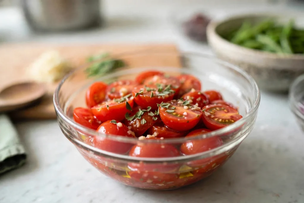 Marinated cherry tomatoes with garlic and oregano in a glass bowl