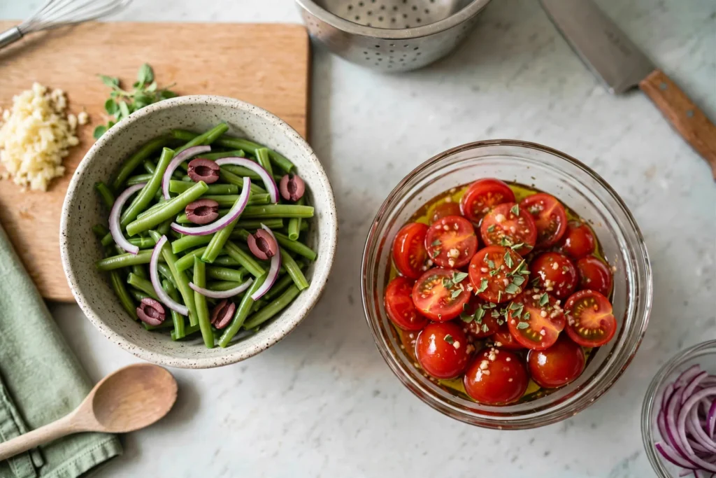 Green beans topped with red onion and kalamata olives in a bowl