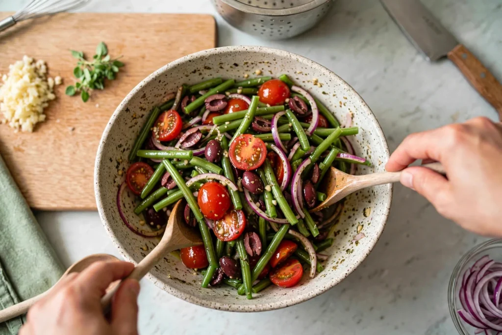 Tossing Mediterranean green bean salad with marinated tomatoes