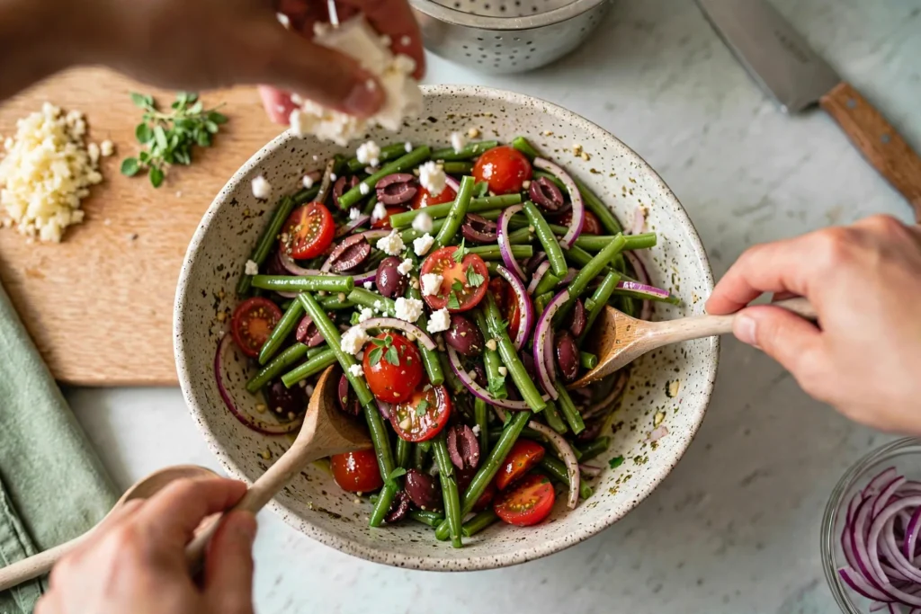 Crumbling feta and scattering herbs over Mediterranean salad