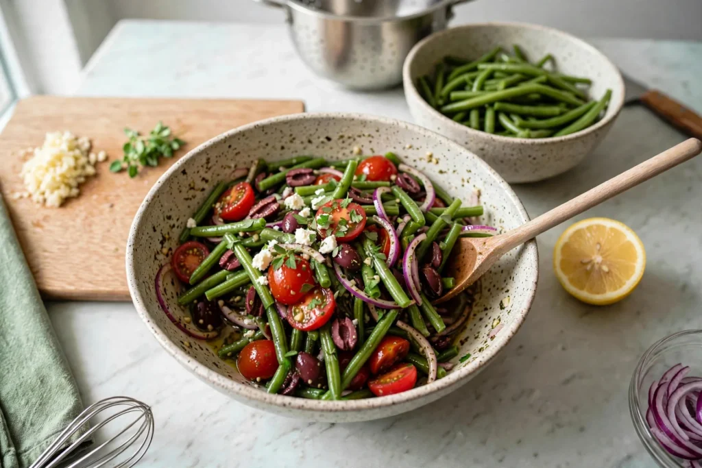 Finished Mediterranean green bean salad with olives and feta