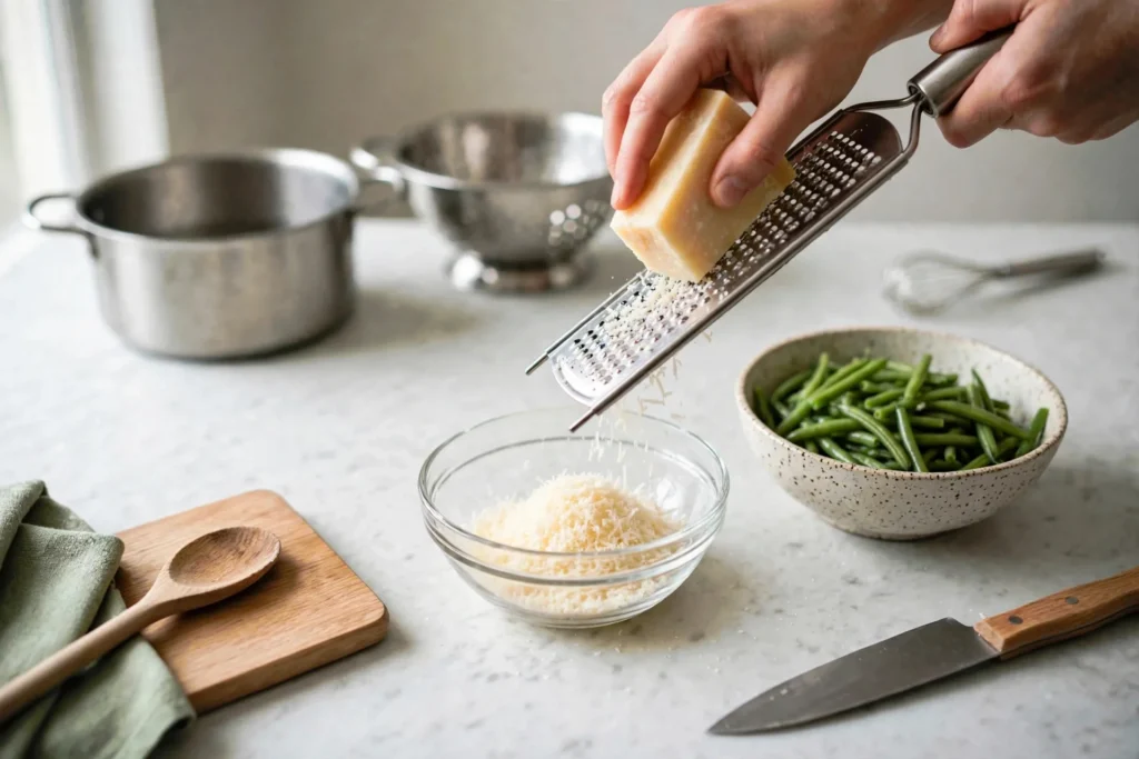 Grating Parmesan cheese into a small glass bowl