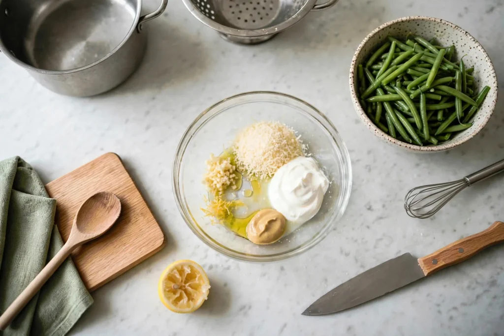 Creamy Parmesan dressing ingredients in a glass bowl before mixing