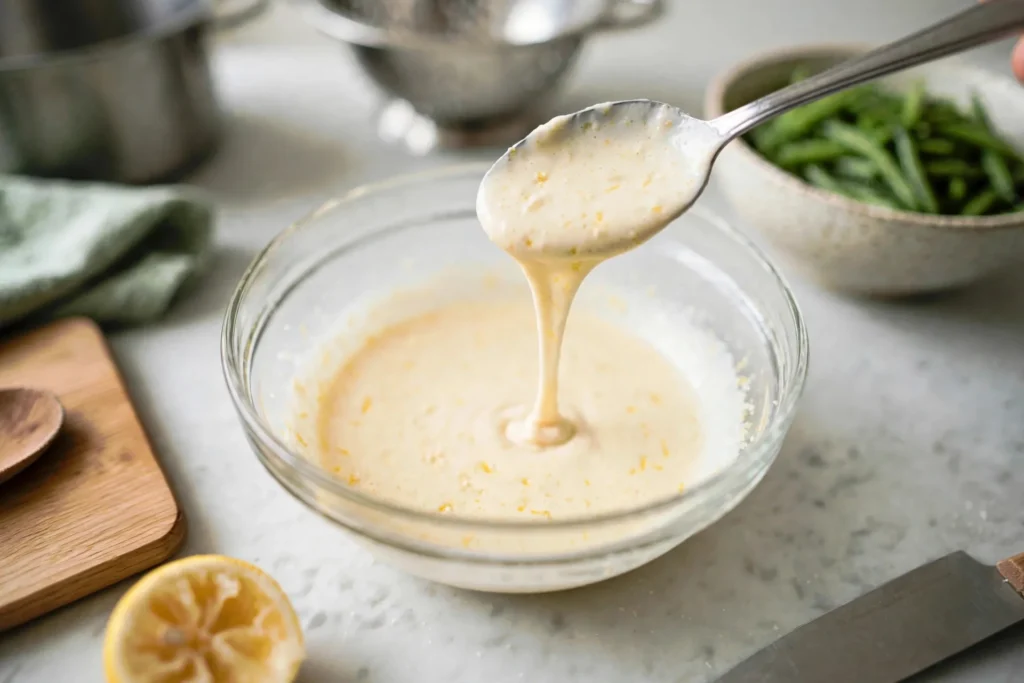 Spoon lifting thick creamy Parmesan dressing in a ribbon