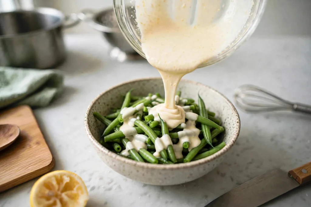 Pouring creamy Parmesan dressing over green beans