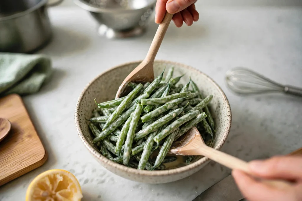 Tossing green beans until evenly coated in creamy dressing