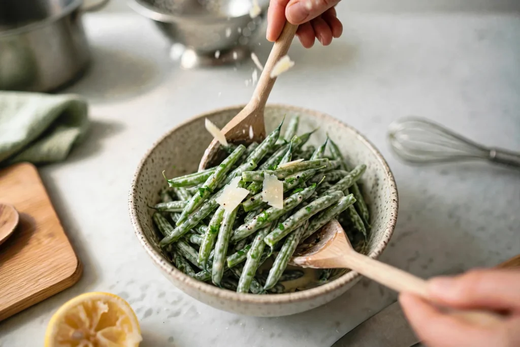 Parmesan shavings, parsley and black pepper on creamy green beans