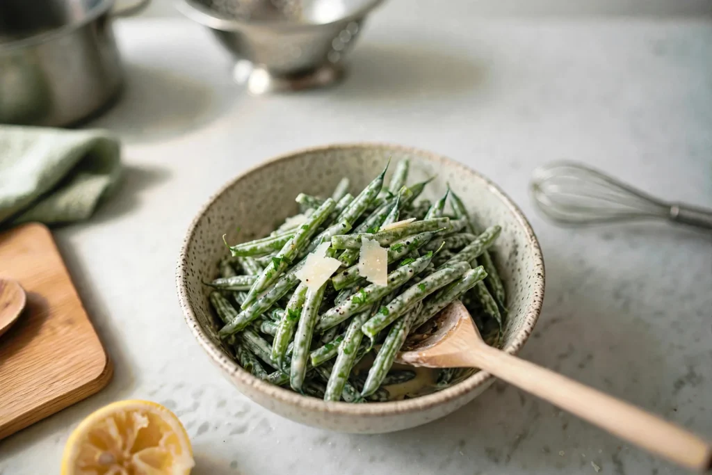 Finished creamy Parmesan green bean salad in a stoneware bowl