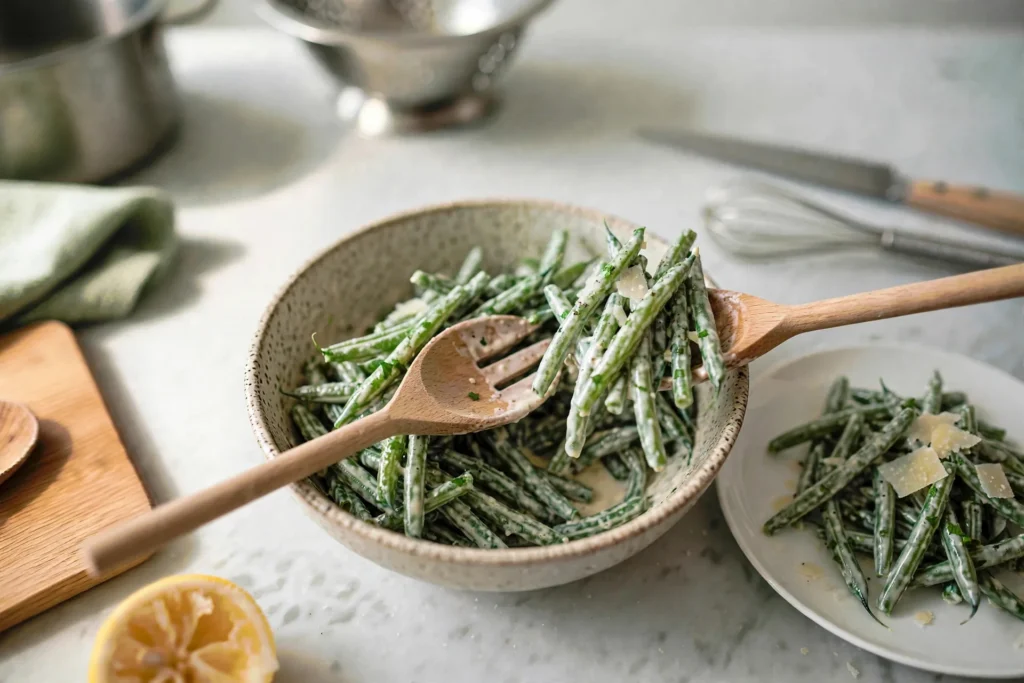 Serving creamy Parmesan green beans onto a white plate