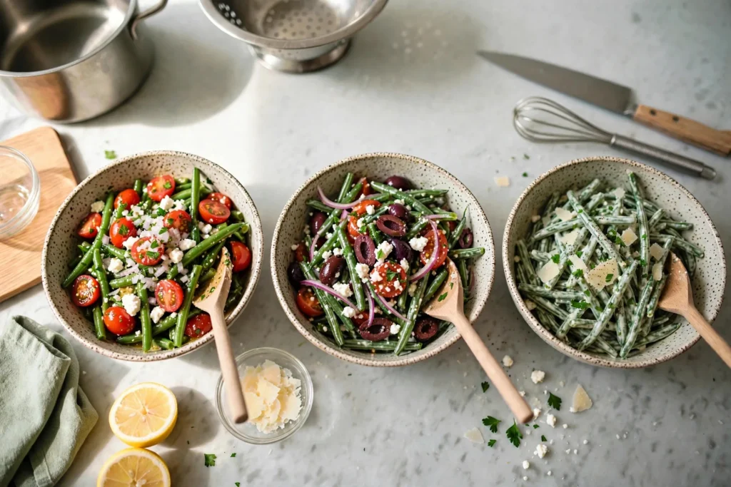 All three finished green bean salads in a row on a marble counter